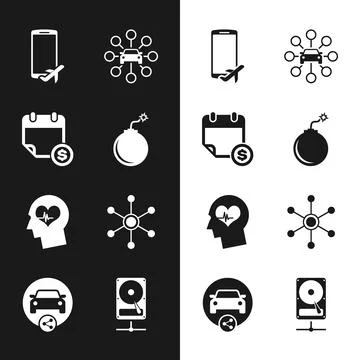 Set Bomb ready to explode, Financial calendar, Flight mode the mobile, Car Stock Illustration