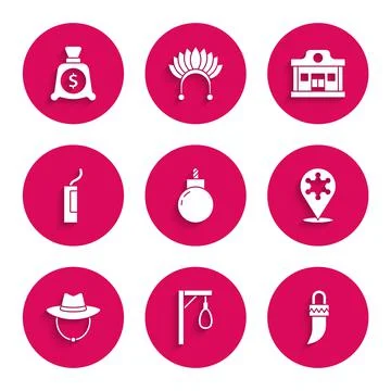 Set Bomb ready to explode, Gallows, Tooth, Hexagram sheriff, Western cowboy hat Illustrazione stock