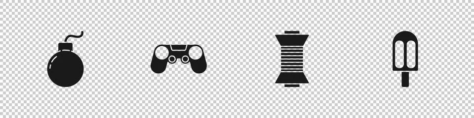Set Bomb ready to explode, Gamepad, Sewing thread on spool and Ice cream icon Illustrazione stock