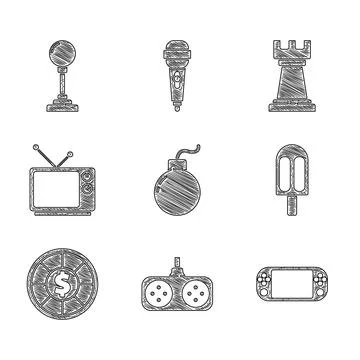 Set Bomb ready to explode, Gamepad, Portable video game console, Ice cream Stock Illustration