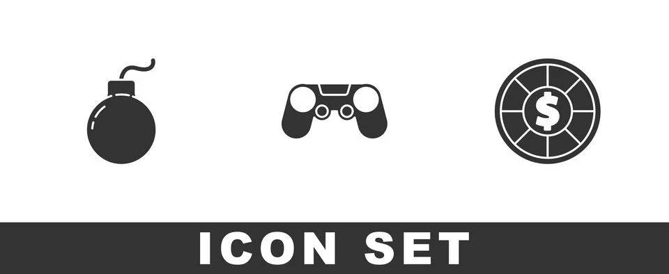 Set Bomb ready to explode, Gamepad and Casino chips icon. Vector Illustrazione stock