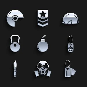 Set Bomb ready to explode Gas mask Military dog tag knife Kettlebell helmet a イラスト素材