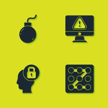 Set Bomb ready to explode, Graphic password protection, Human head with lock and Stockillustratie