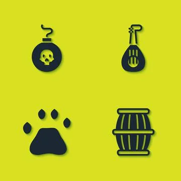 Set Bomb ready to explode, Gun powder barrel, Bear paw footprint and Lute icon Stock Illustration