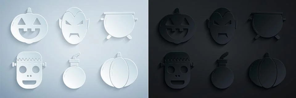 Set Bomb ready to explode Halloween witch cauldron Zombie mask Pumpkin Vampir 스톡 일러스트