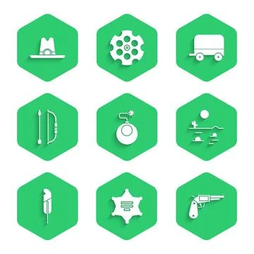 Set Bomb ready to explode, Hexagram sheriff, Revolver gun, Desert landscape with 스톡 일러스트