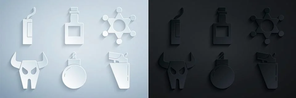 Set Bomb ready to explode, Hexagram sheriff, Buffalo skull, Revolver gun in 스톡 일러스트