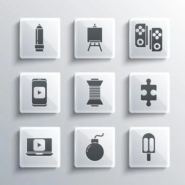 Set Bomb ready to explode, Ice cream, Piece of puzzle, Sewing thread on spool Stock Illustration