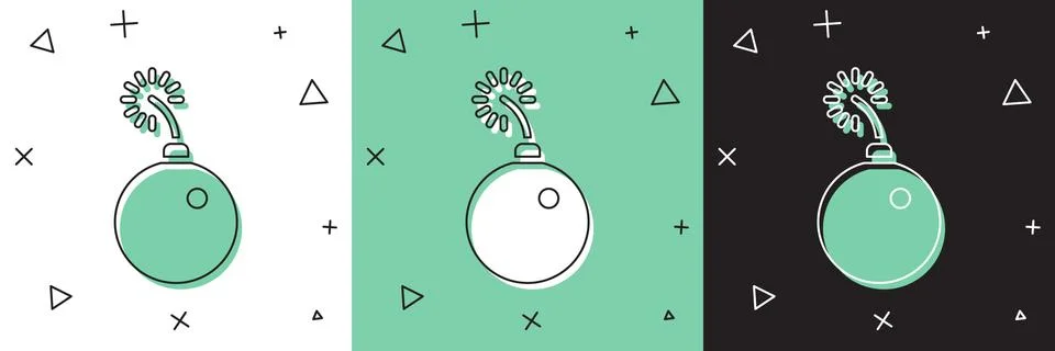 Set Bomb ready to explode icon isolated on white and green, black background Stock Illustration