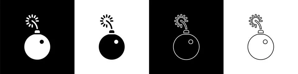 Set Bomb ready to explode icon isolated on black and white background. Vector Stock Illustration