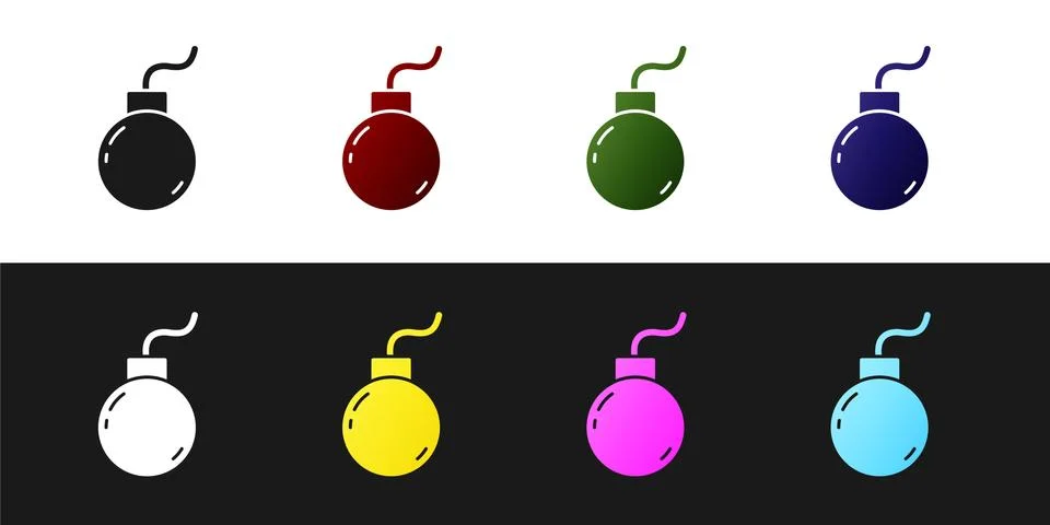 Set Bomb ready to explode icon isolated on black and white background. Vector Stock Illustration