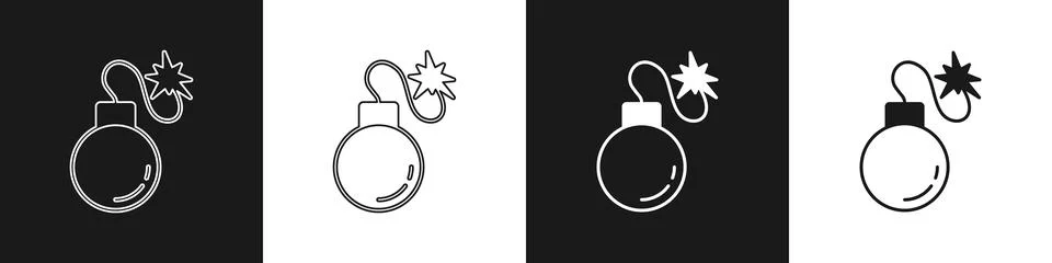 Set Bomb ready to explode icon isolated on black and white background. Vector Stock Illustration