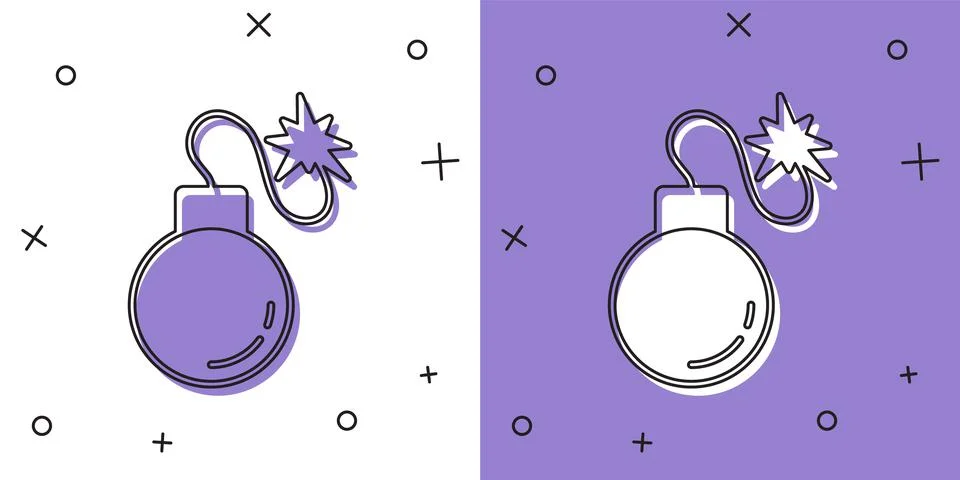 Set Bomb ready to explode icon isolated on white and purple background. Vector Stockillustratie