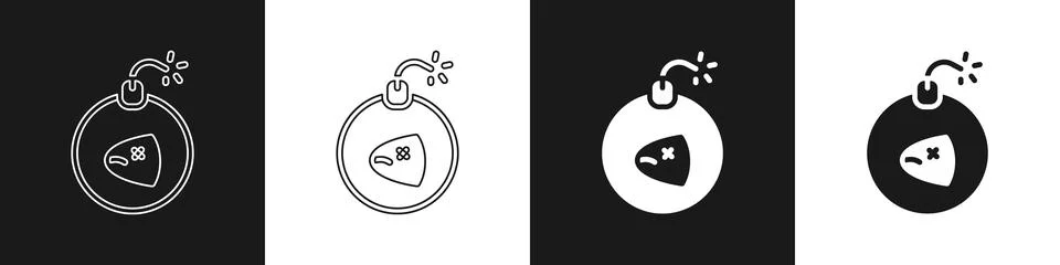 Set Bomb ready to explode icon isolated on black and white background.  Vecto Stock Illustration