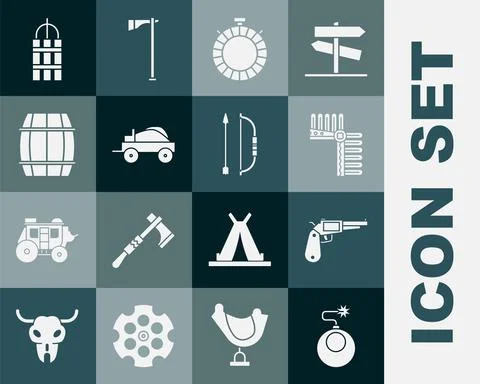 Set Bomb ready to explode, Indian headdress with feathers, Canteen water bottle 库存插图