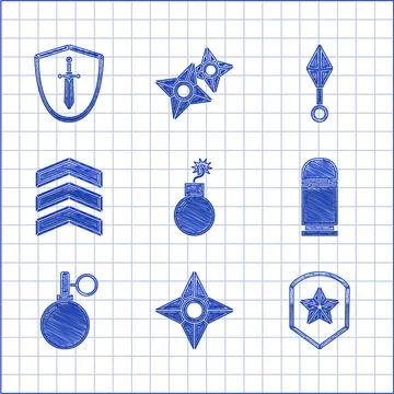 Set Bomb ready to explode, Japanese ninja shuriken, Police badge, Cartridges 스톡 일러스트