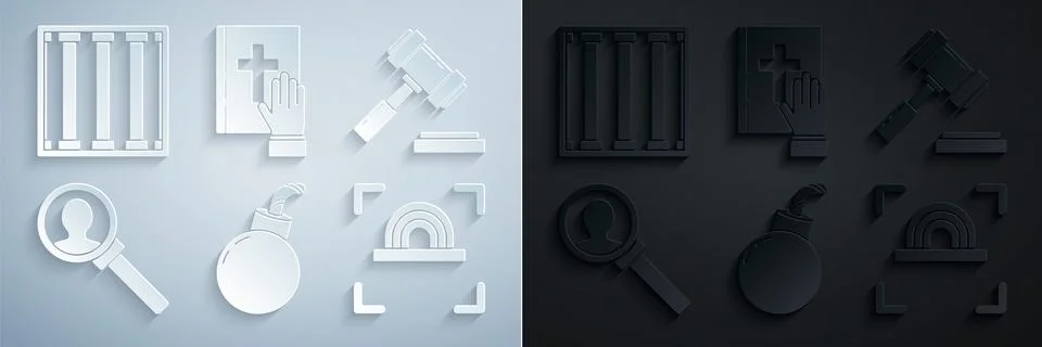 Set Bomb ready to explode, Judge gavel, Magnifying glass for search, Finger.. Stock Illustration