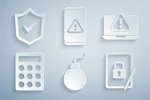 Set Bomb ready to explode, Laptop with exclamation mark, Password protection Illustrazione stock