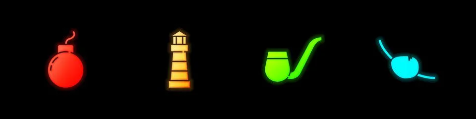 Set Bomb ready to explode, Lighthouse, Smoking pipe and Pirate eye patch icon 스톡 일러스트