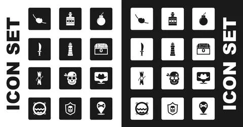 Set Bomb ready to explode, Lighthouse, Pirate sword, eye patch, Antique treas Stock Illustration