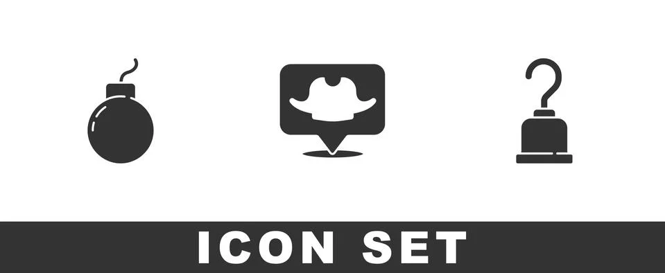 Set Bomb ready to explode, Location pirate and Pirate hook icon. Vector Stock Illustration