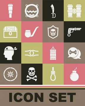 Set Bomb ready to explode, Location pirate, Vintage pistols, Pirate sword Stock Illustration