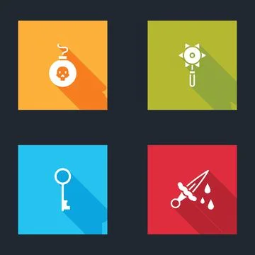 Set Bomb ready to explode, Medieval chained mace ball, Old key and Sword with Stock Illustration