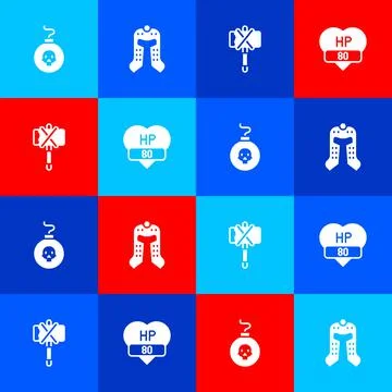 Set Bomb ready to explode, Medieval helmet, axe and Video game bar icon. Vector Stock Illustration