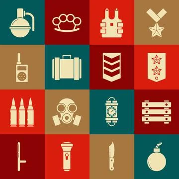 Set Bomb ready to explode, Military ammunition box, Chevron, Bulletproof ve.. Illustrazione stock