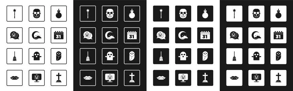 Set Bomb ready to explode, Moon and stars, Pumpkin, Magic wand, Calendar with Stock Illustration