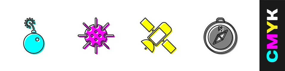 Set Bomb ready to explode, Naval mine, Satellite and Compass icon. Vector Illustrazione stock