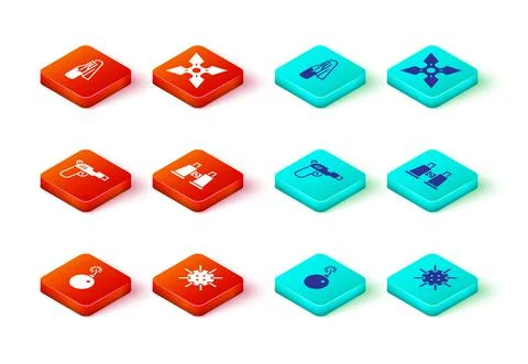 Set Bomb ready to explode, Naval mine, Pistol or gun, Binoculars, Japanese ninja Illustrazione stock