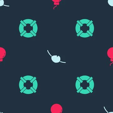 Set Bomb ready to explode, Pirate eye patch and Lifebuoy on seamless pattern Stock Illustration