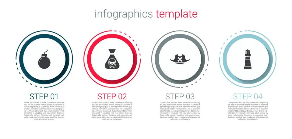 Set Bomb ready to explode, Pirate coin, hat and Lighthouse. Business infographic Stock Illustration