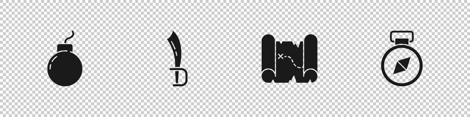 Set Bomb ready to explode, Pirate sword, treasure map and Compass icon. Vector イラスト素材
