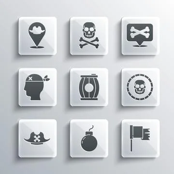 Set Bomb ready to explode, Pirate flag, coin, Gun powder barrel, hat, captain イラスト素材