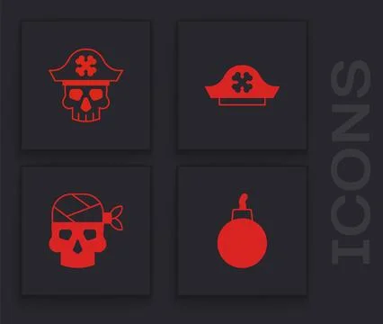Set Bomb ready to explode, Pirate captain, hat and icon. Vector Stock Illustration