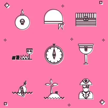 Set Bomb ready to explode, Pirate bandana for head, Antique treasure chest,.. Stock Illustration