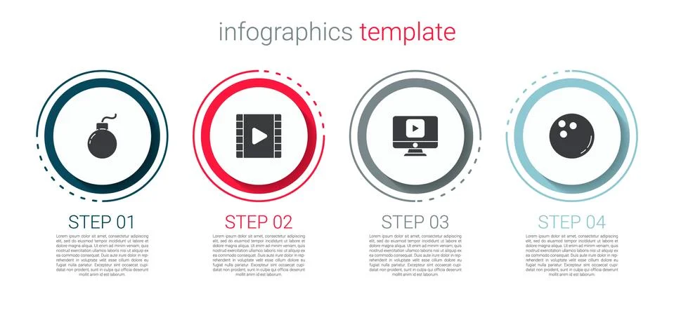 Set Bomb ready to explode, Play Video, Online play video and Bowling ball Illustrazione stock