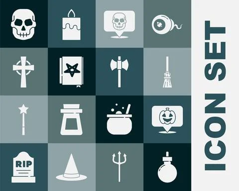 Set Bomb ready to explode, Pumpkin, Witches broom, Skull, Ancient magic book Stock Illustration