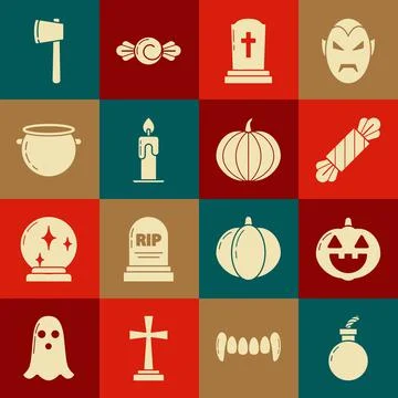 Set Bomb ready to explode, Pumpkin, Candy, Tombstone with cross, Burning candle Stock Illustration