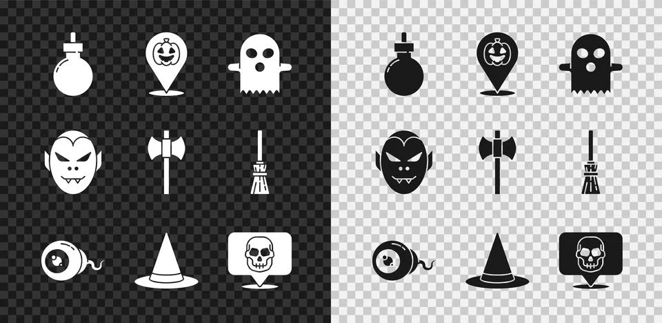 Set Bomb ready to explode, Pumpkin, Ghost, Eye, Witch hat, Skull, Vampire and Stock Illustration