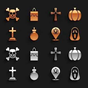 Set Bomb ready to explode, Pumpkin, Funny and scary ghost mask, Tombstone with 스톡 일러스트