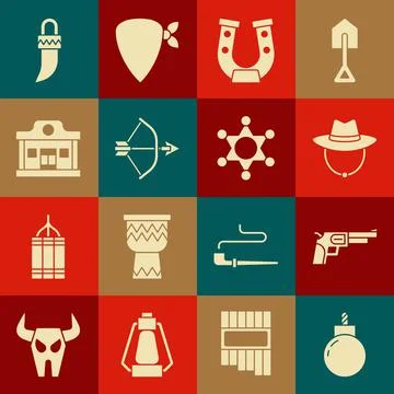 Set Bomb ready to explode, Revolver gun, Western cowboy hat, Horseshoe, Bow and Stock Illustration