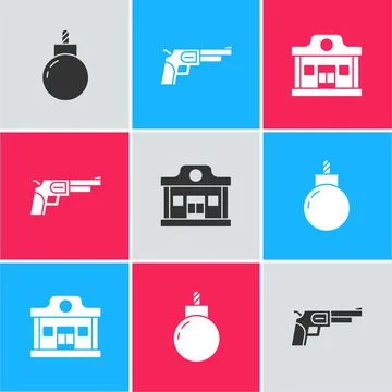 Set Bomb ready to explode, Revolver gun and Wild west saloon icon. Vector Stock Illustration