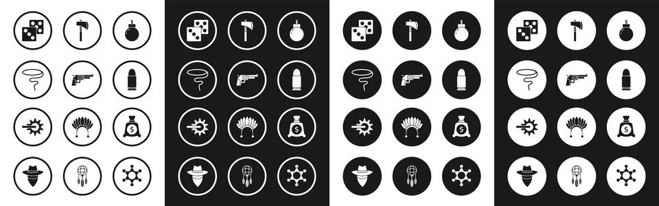 Set Bomb ready to explode, Revolver gun, Lasso, Game dice, Bullet, Tomahawk.. Stock Illustration