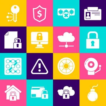 Set Bomb ready to explode, Ringing alarm bell, Lock, Password protection Illustrazione stock