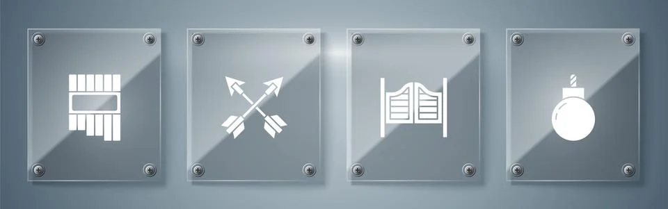 Set Bomb ready to explode, Saloon door, Crossed arrows and Pan flute. Square Stock Illustration