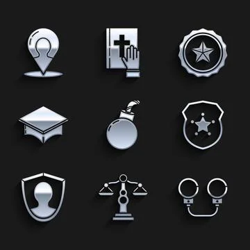 Set Bomb ready to explode, Scales of justice, Handcuffs, Police badge, User 스톡 일러스트
