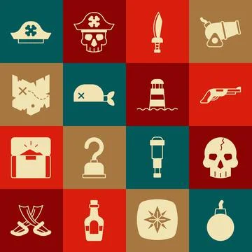 Set Bomb ready to explode, Skull, Vintage pistol, Pirate sword, bandana for head Illustrazione stock